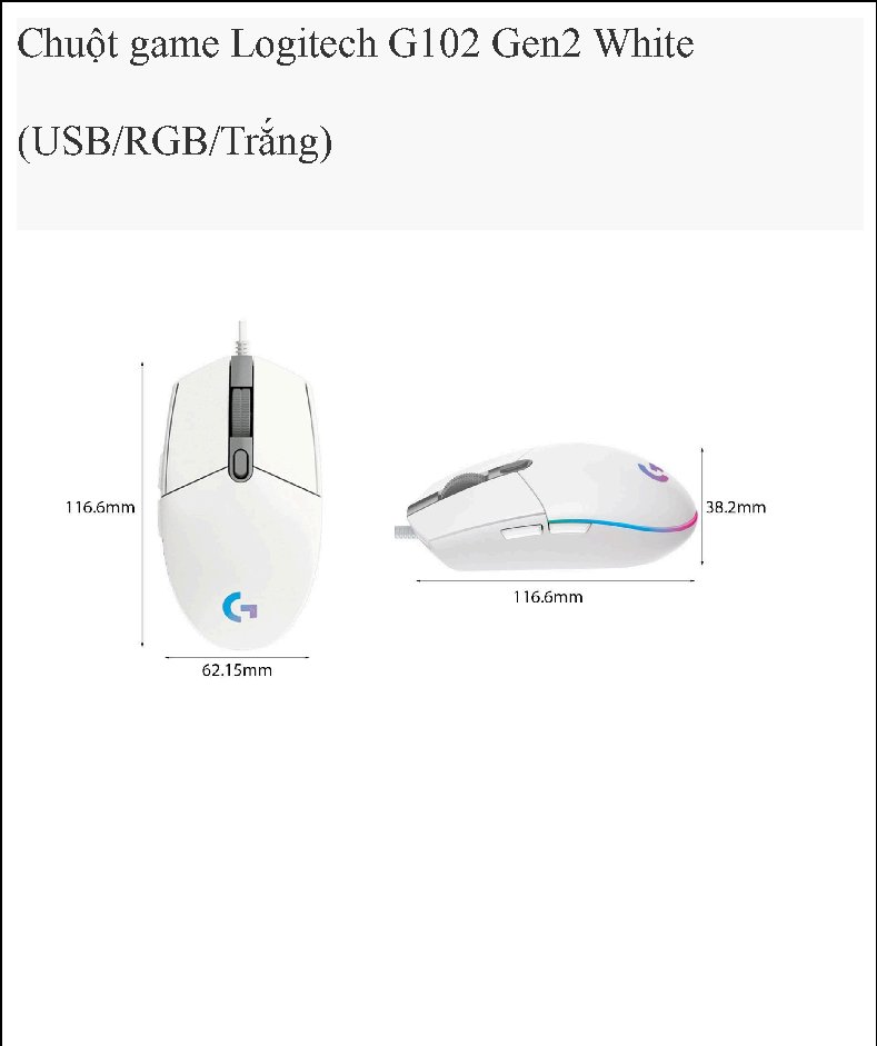 Chuột game Logitech G102 Gen2 White(USB/RGB/Trắng)